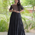Elegant Black Cotton Mirror Work Designer Gown for Women with Flared Tiered Skirt