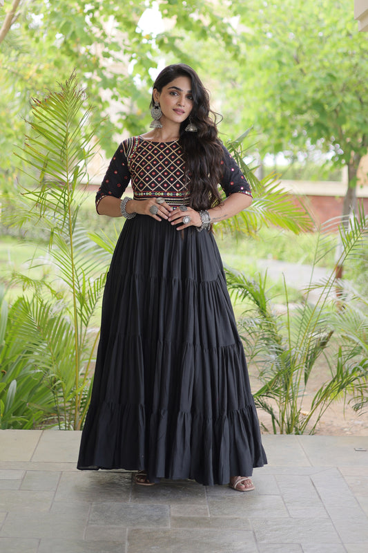 Elegant Black Cotton Mirror Work Designer Gown for Women with Flared Tiered Skirt