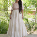 Wonderful White Cotton Mirror Work Designer Gown for Women with Flared Tiered Skirt