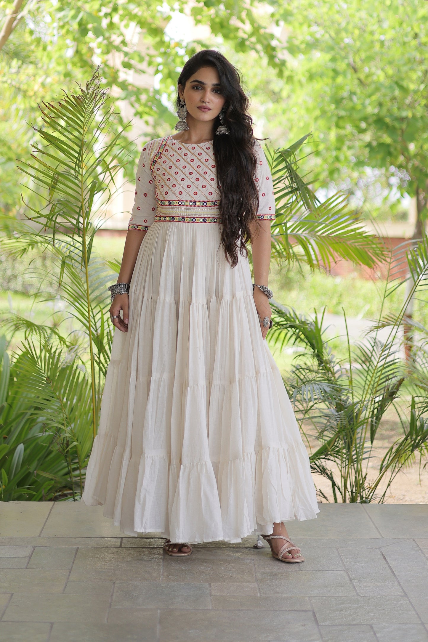 Wonderful White Cotton Mirror Work Designer Gown for Women with Flared Tiered Skirt