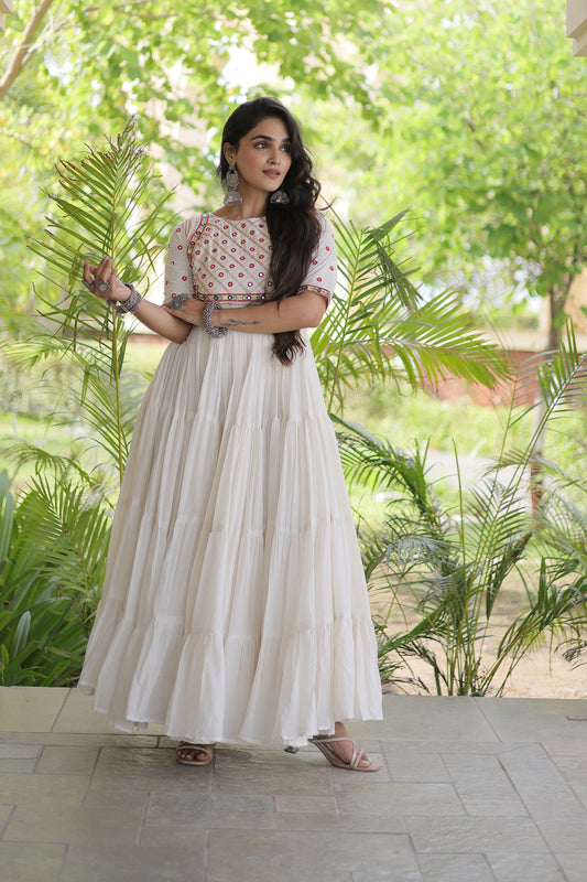 Wonderful White Cotton Mirror Work Designer Gown for Women with Flared Tiered Skirt
