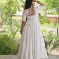 Wonderful White Cotton Mirror Work Designer Gown for Women with Flared Tiered Skirt