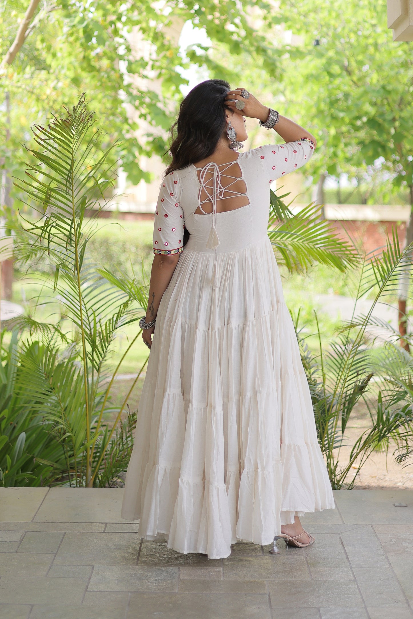 Wonderful White Cotton Mirror Work Designer Gown for Women with Flared Tiered Skirt
