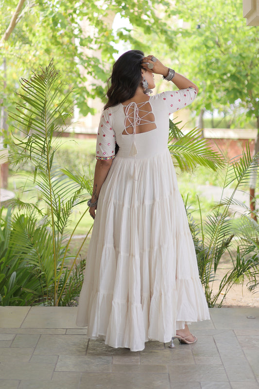 Wonderful White Cotton Mirror Work Designer Gown for Women with Flared Tiered Skirt