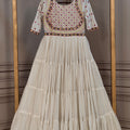 Wonderful White Cotton Mirror Work Designer Gown for Women with Flared Tiered Skirt