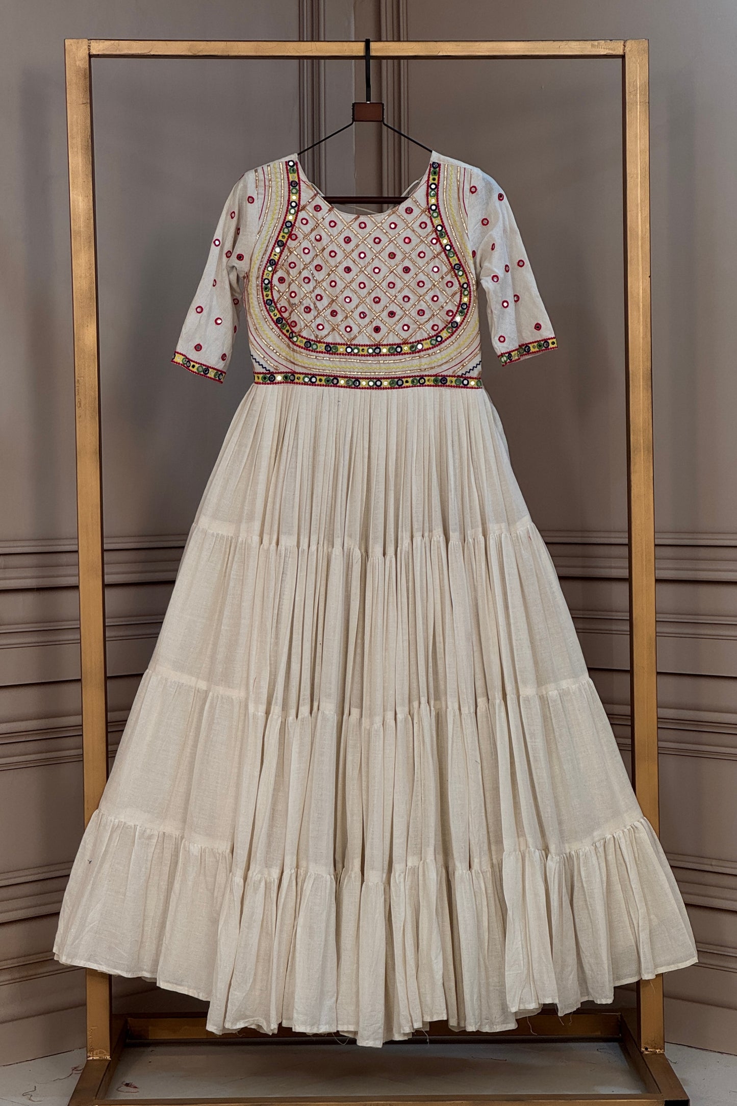 Wonderful White Cotton Mirror Work Designer Gown for Women with Flared Tiered Skirt