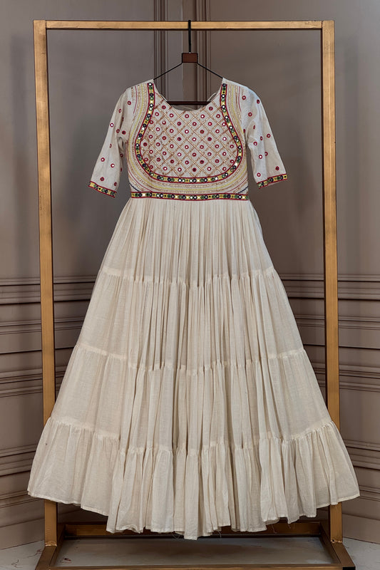 Wonderful White Cotton Mirror Work Designer Gown for Women with Flared Tiered Skirt