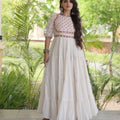 Wonderful White Cotton Mirror Work Designer Gown for Women with Flared Tiered Skirt