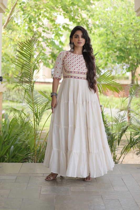 Wonderful White Cotton Mirror Work Designer Gown for Women with Flared Tiered Skirt