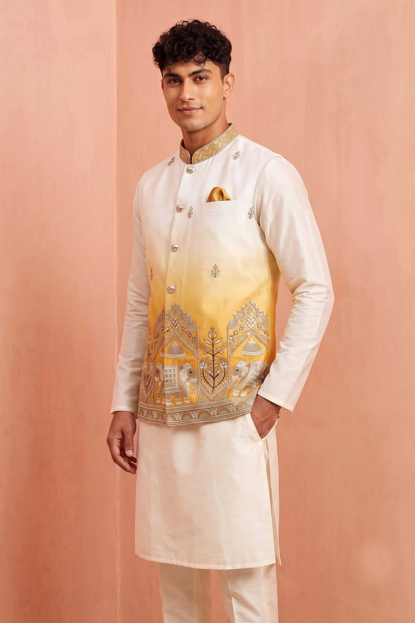Elegant White Embroidered Designer Indo Western Suit with Koti for Men