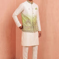 Awesome White and Green Embroidered Designer Indo Western Suit with Koti for Men