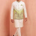 Awesome White and Green Embroidered Designer Indo Western Suit with Koti for Men
