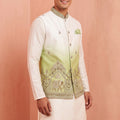 Awesome White and Green Embroidered Designer Indo Western Suit with Koti for Men