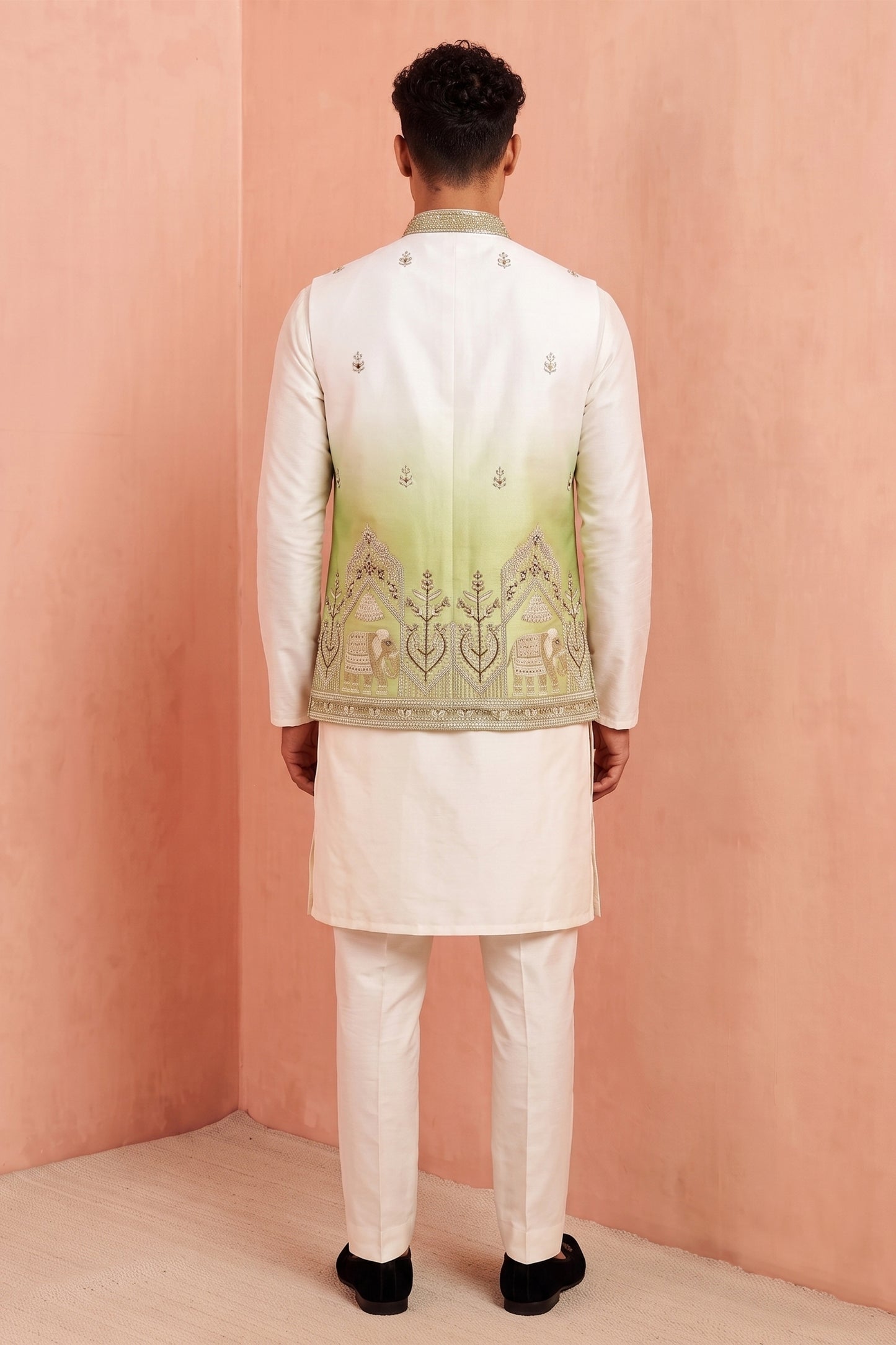 Awesome White and Green Embroidered Designer Indo Western Suit with Koti for Men