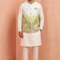 Awesome White and Green Embroidered Designer Indo Western Suit with Koti for Men