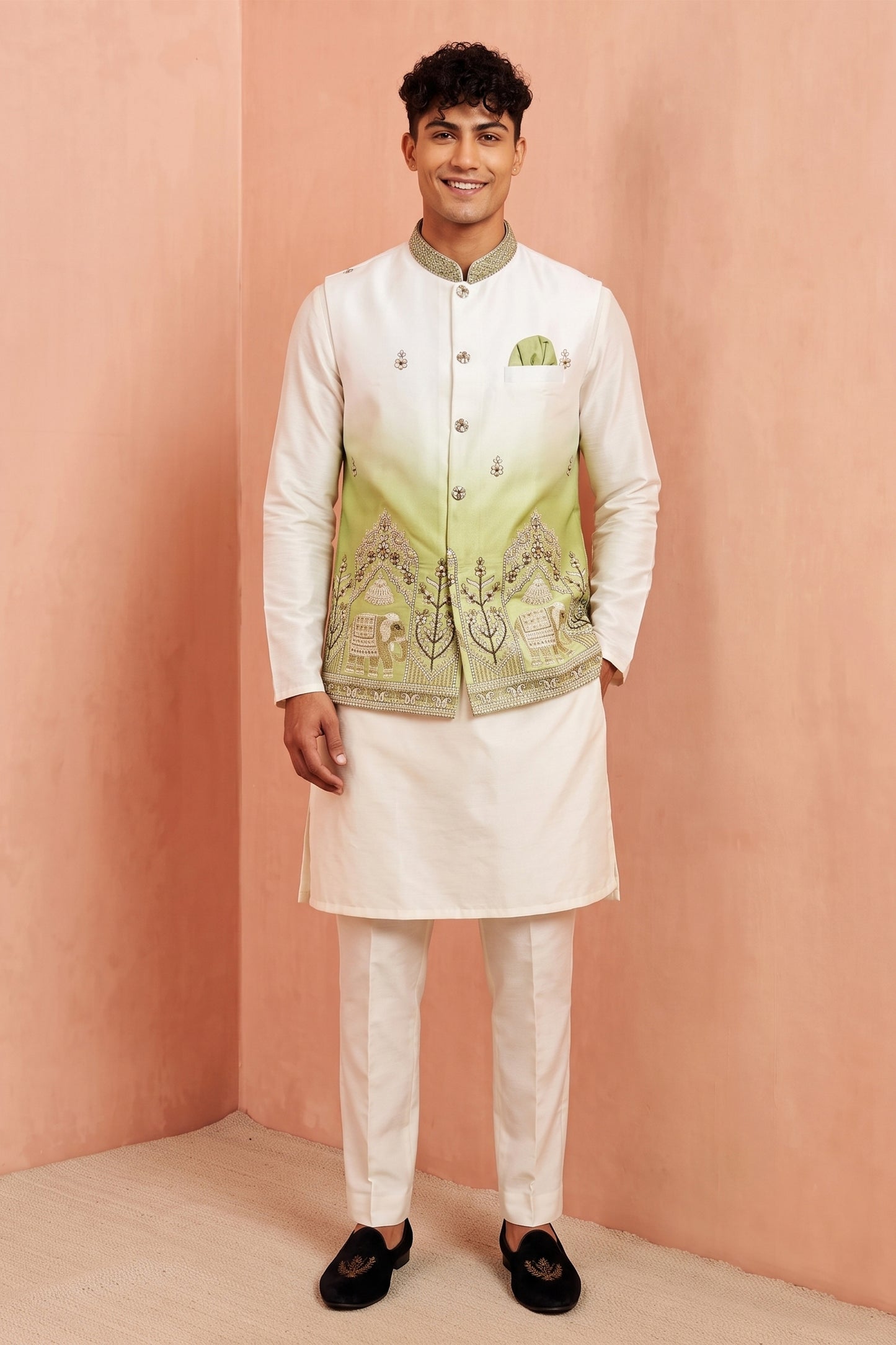 Awesome White and Green Embroidered Designer Indo Western Suit with Koti for Men