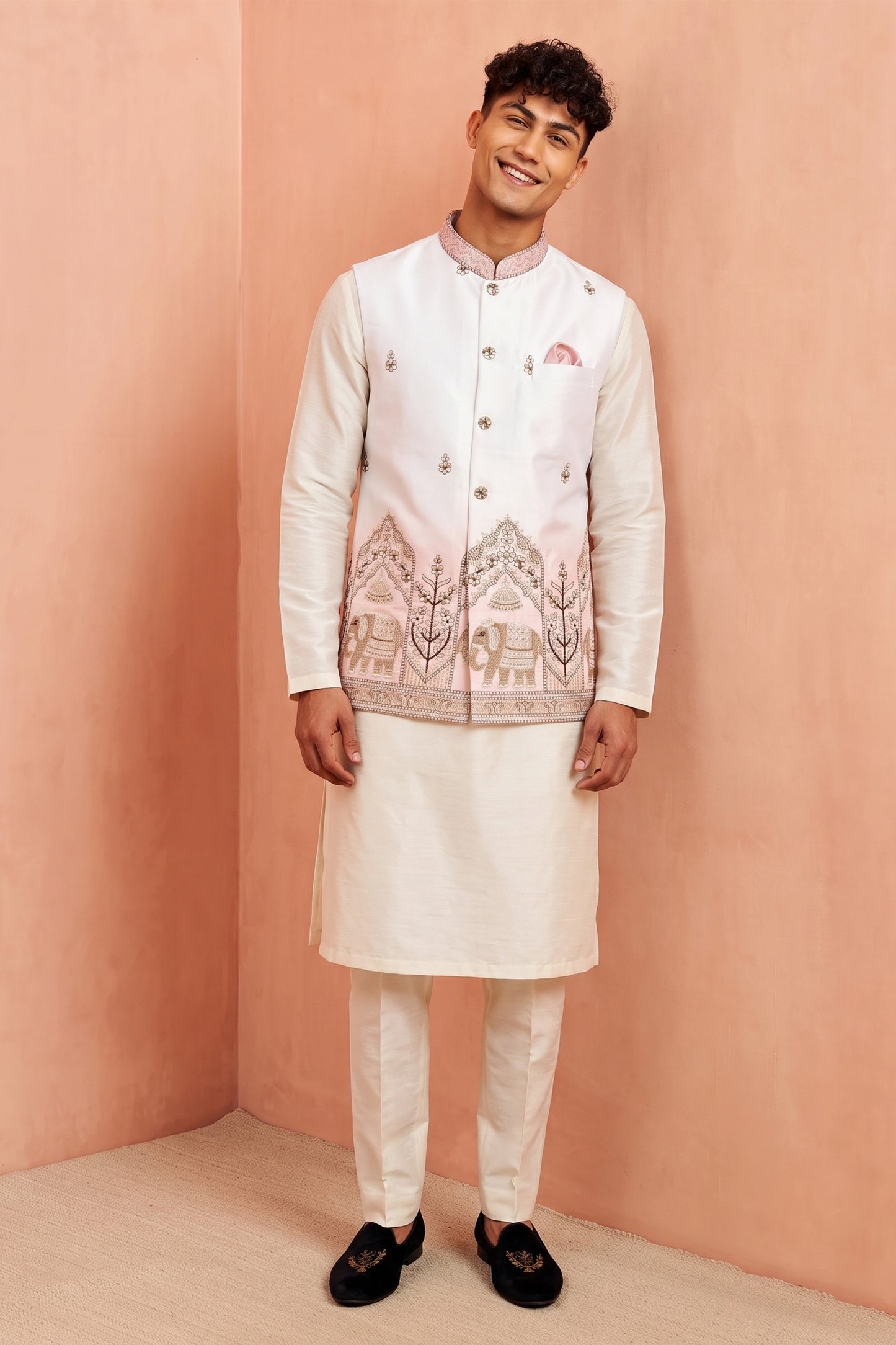 Charming White and Pink Embroidered Designer Indo Western Suit with Koti for Men