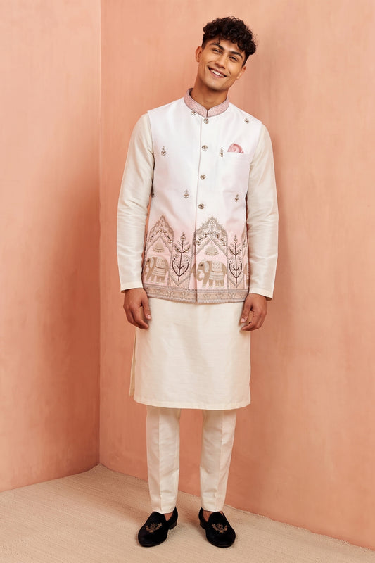 Charming White and Pink Embroidered Designer Indo Western Suit with Koti for Men