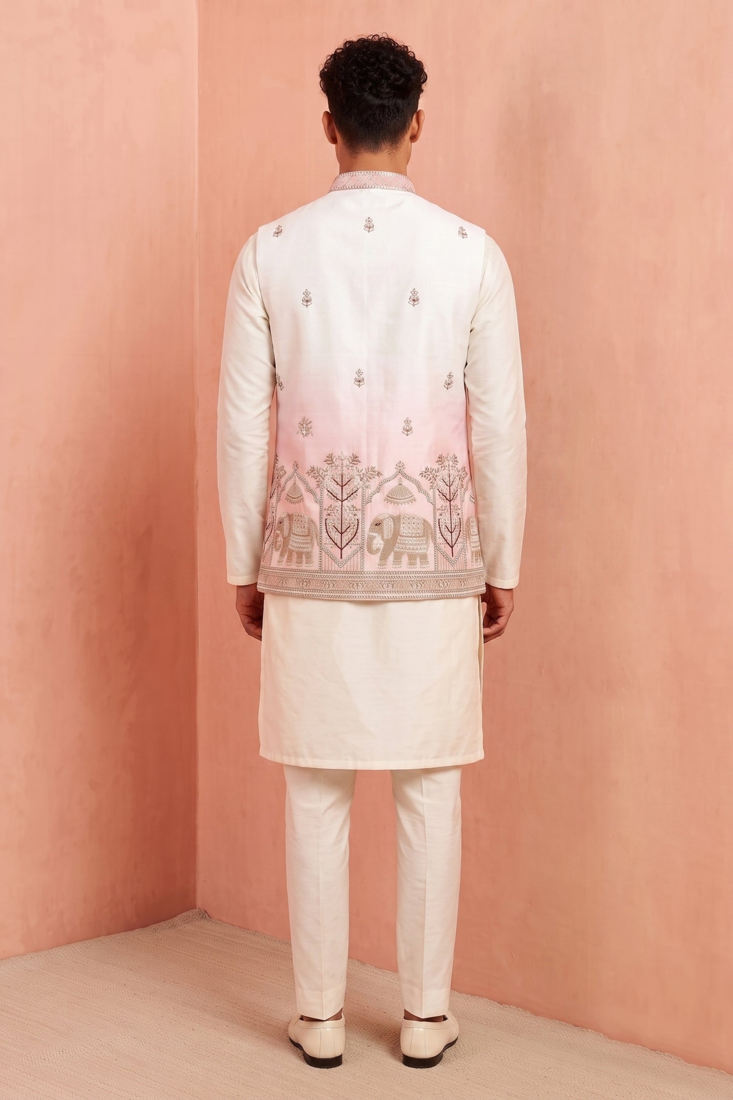 Charming White and Pink Embroidered Designer Indo Western Suit with Koti for Men