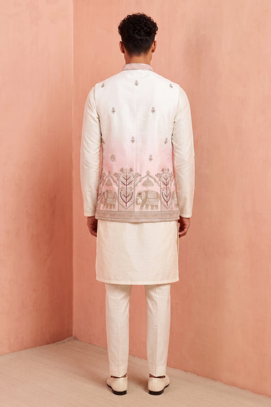 Charming White and Pink Embroidered Designer Indo Western Suit with Koti for Men