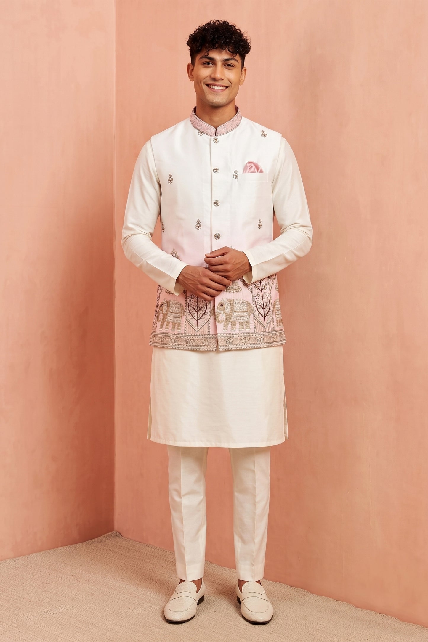 Charming White and Pink Embroidered Designer Indo Western Suit with Koti for Men