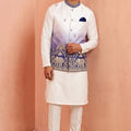 Admirable White and Purple Embroidered Designer Indo Western Suit with Koti for Men