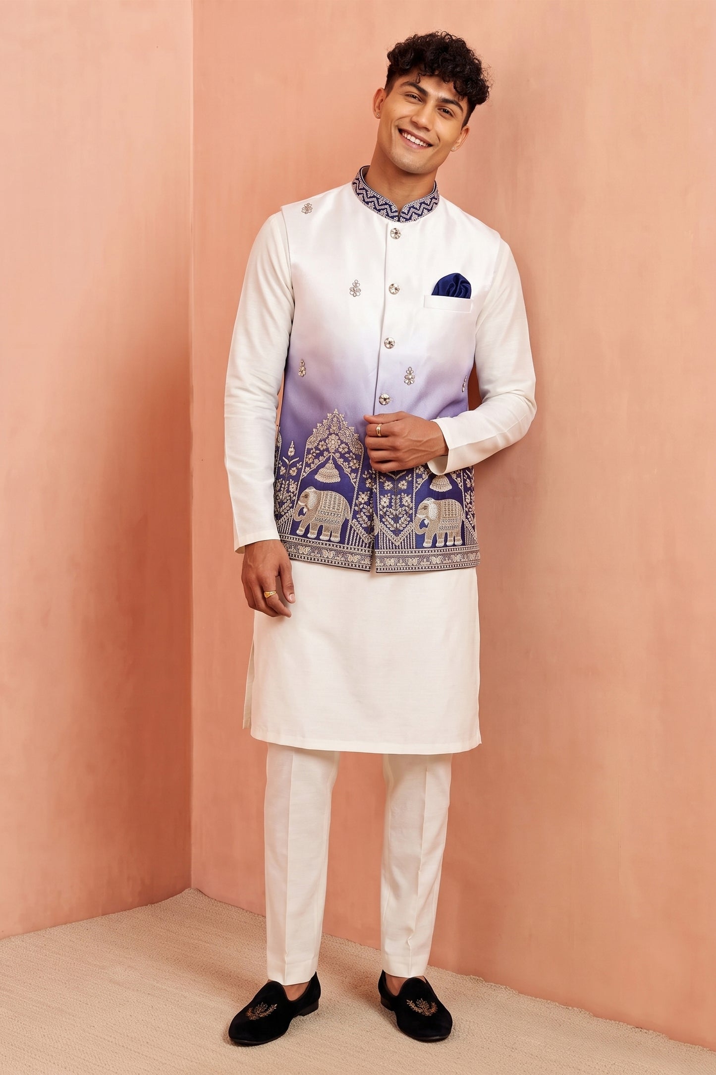 Admirable White and Purple Embroidered Designer Indo Western Suit with Koti for Men
