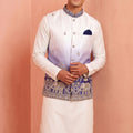 Admirable White and Purple Embroidered Designer Indo Western Suit with Koti for Men