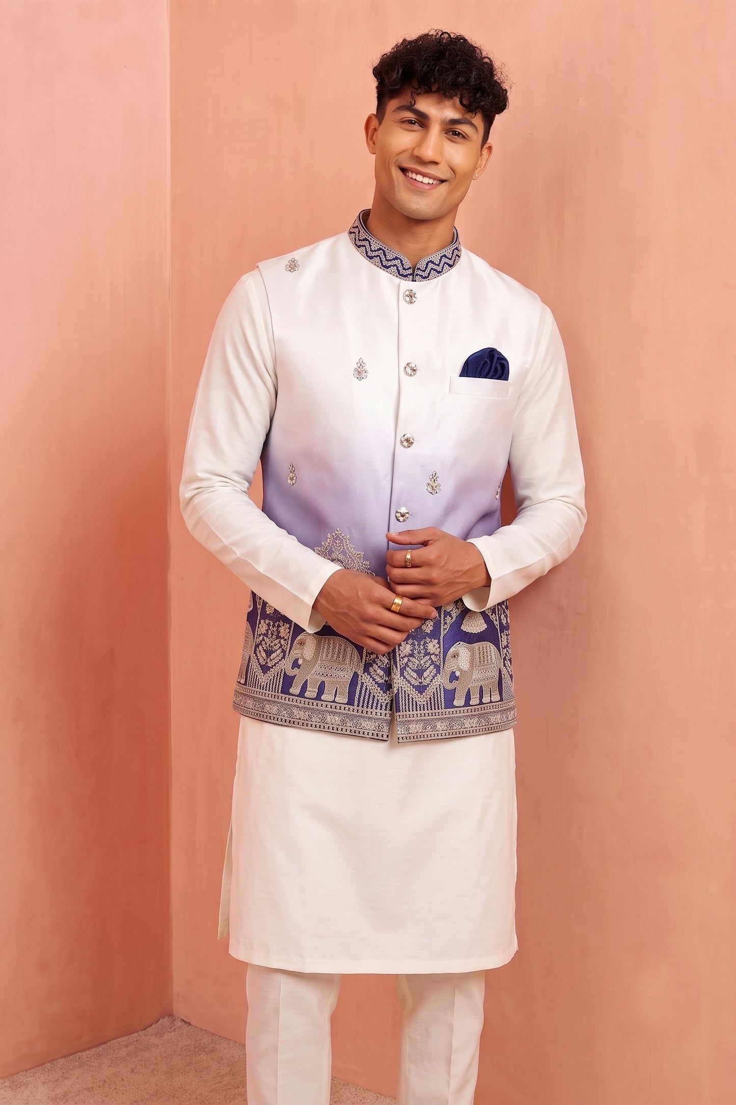 Admirable White and Purple Embroidered Designer Indo Western Suit with Koti for Men