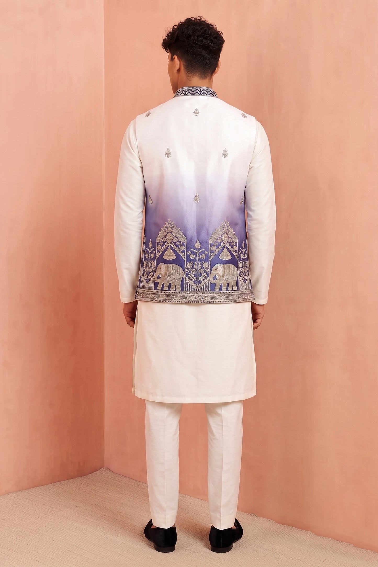 Admirable White and Purple Embroidered Designer Indo Western Suit with Koti for Men