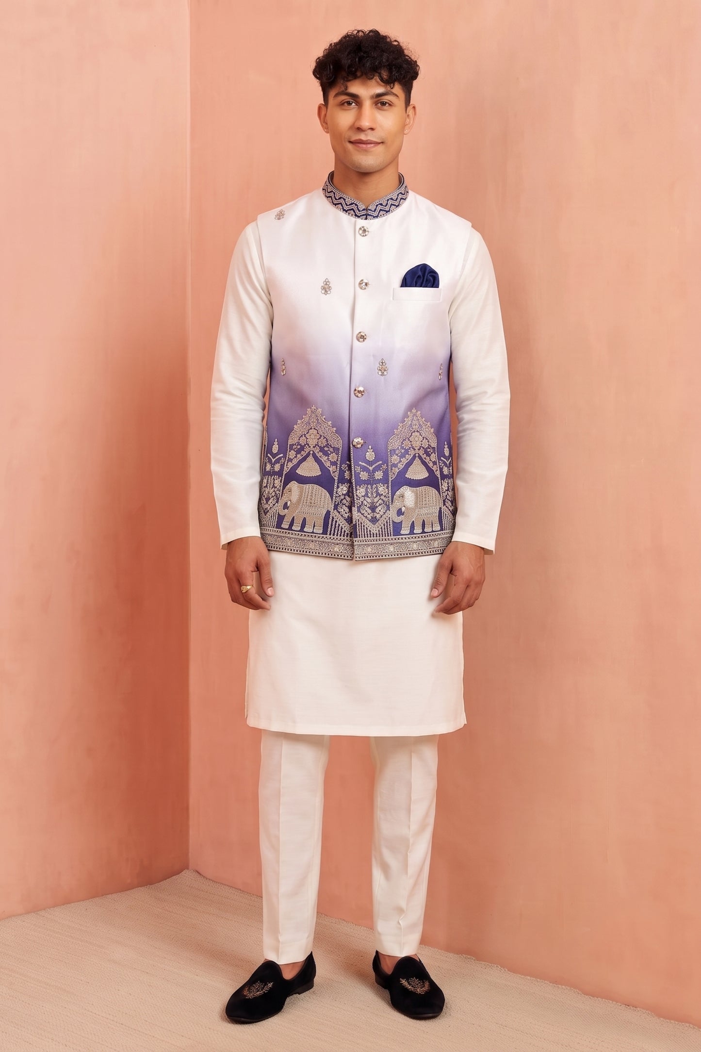 Admirable White and Purple Embroidered Designer Indo Western Suit with Koti for Men
