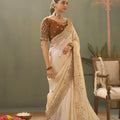 Elegant Cream Pure Silk Embroidered Work Designer Saree for Women