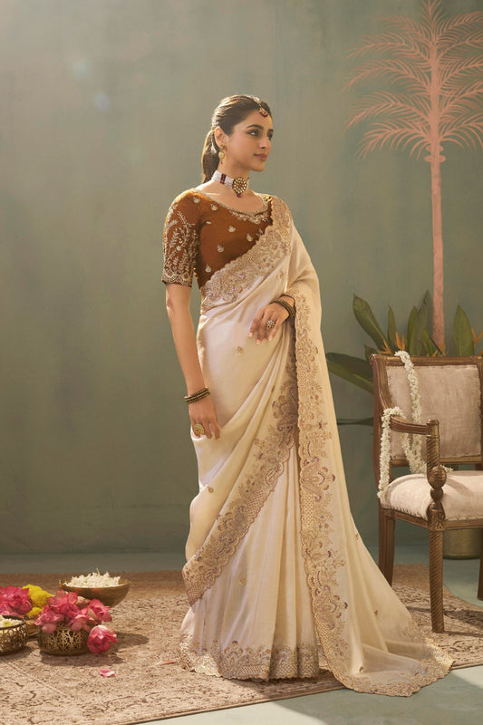 Elegant Cream Pure Silk Embroidered Work Designer Saree for Women