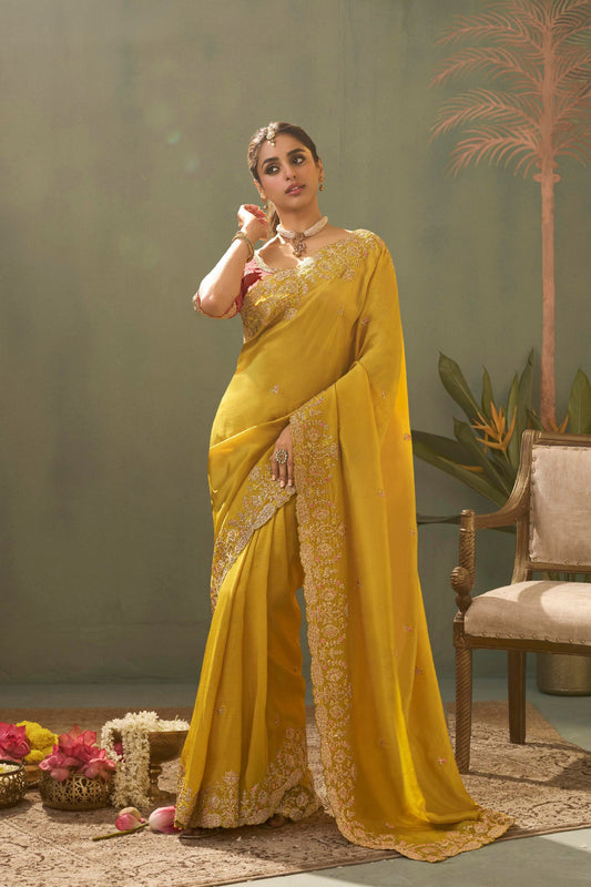 Stylish Yellow Pure Silk Embroidered Work Designer Saree for Women