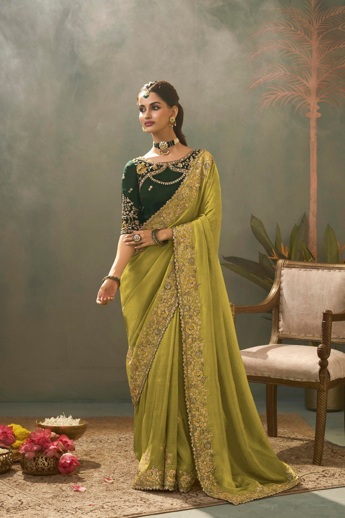 Graceful Olive Green Pure Silk Embroidered Work Designer Saree for Women