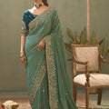 Vibrant Teal Green Pure Silk Embroidered Work Designer Saree for Women