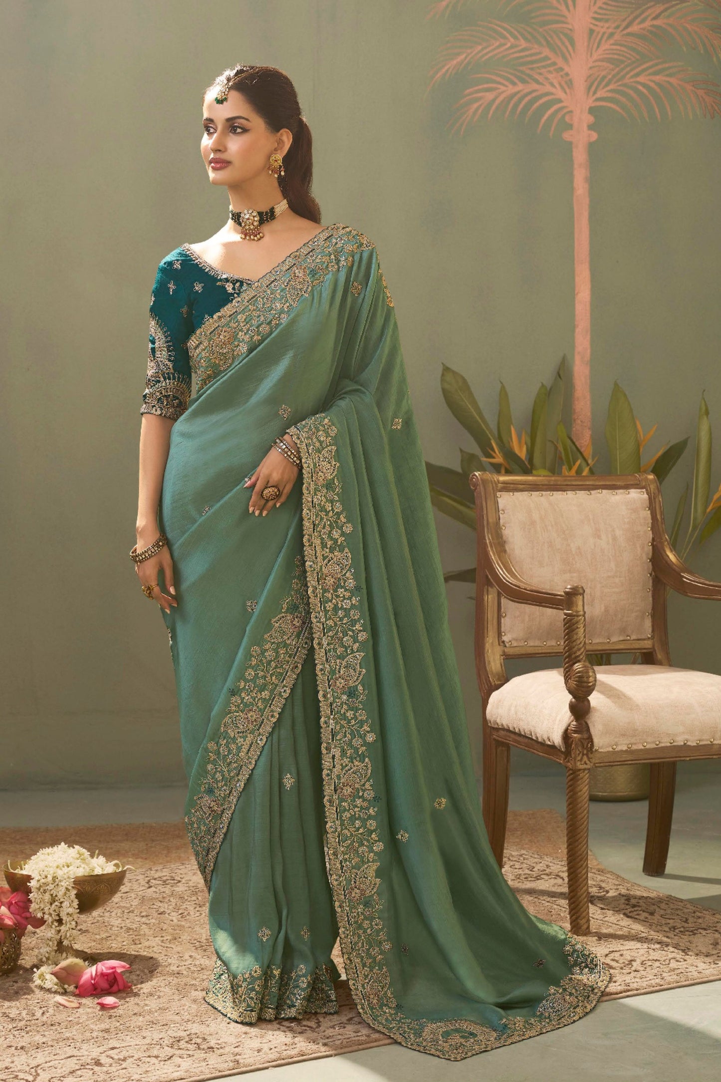 Vibrant Teal Green Pure Silk Embroidered Work Designer Saree for Women