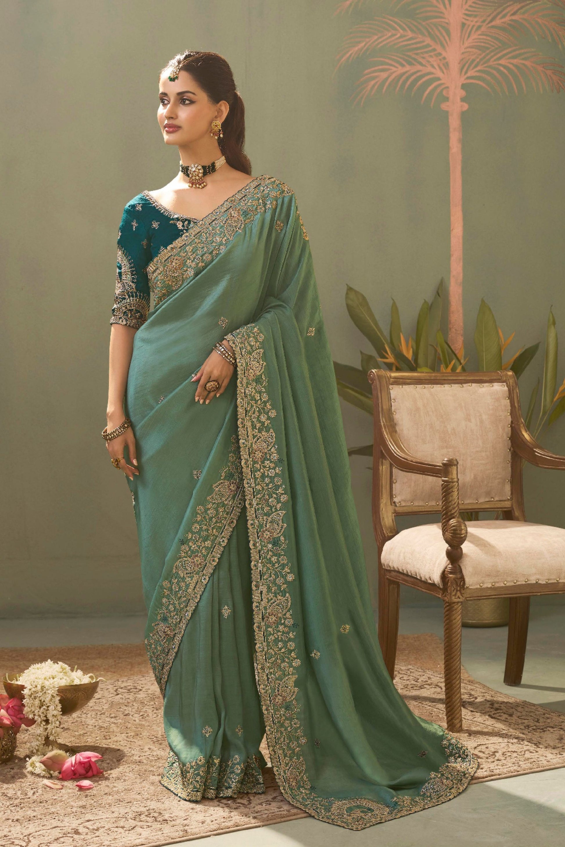Vibrant Teal Green Pure Silk Embroidered Work Designer Saree for Women
