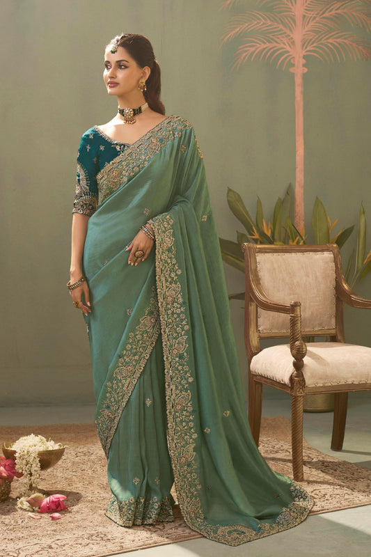 Vibrant Teal Green Pure Silk Embroidered Work Designer Saree for Women