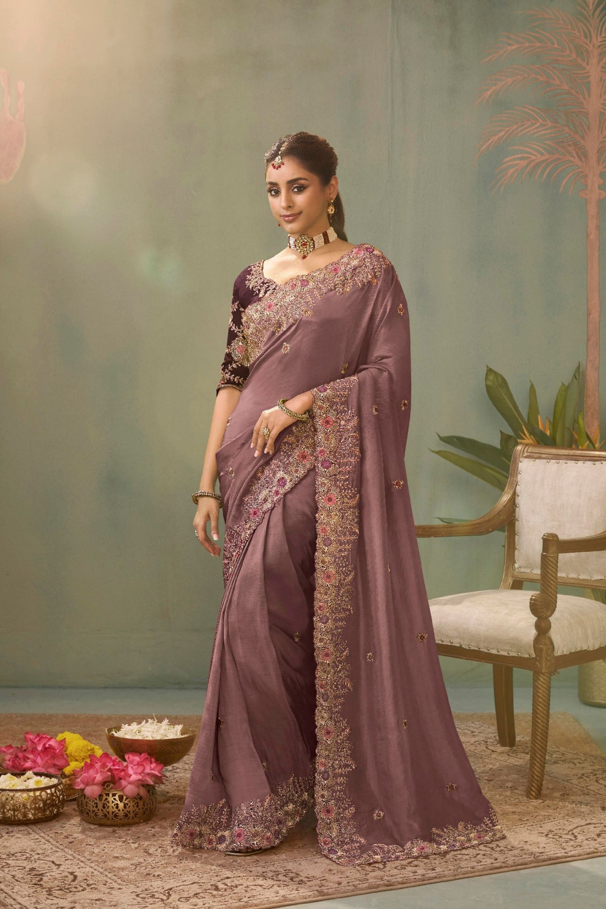 Premium Mauve Pure Silk Embroidered Work Designer Saree for Women