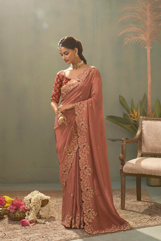 Beautifull Pink Pure Silk Embroidered Work Designer Saree for Women