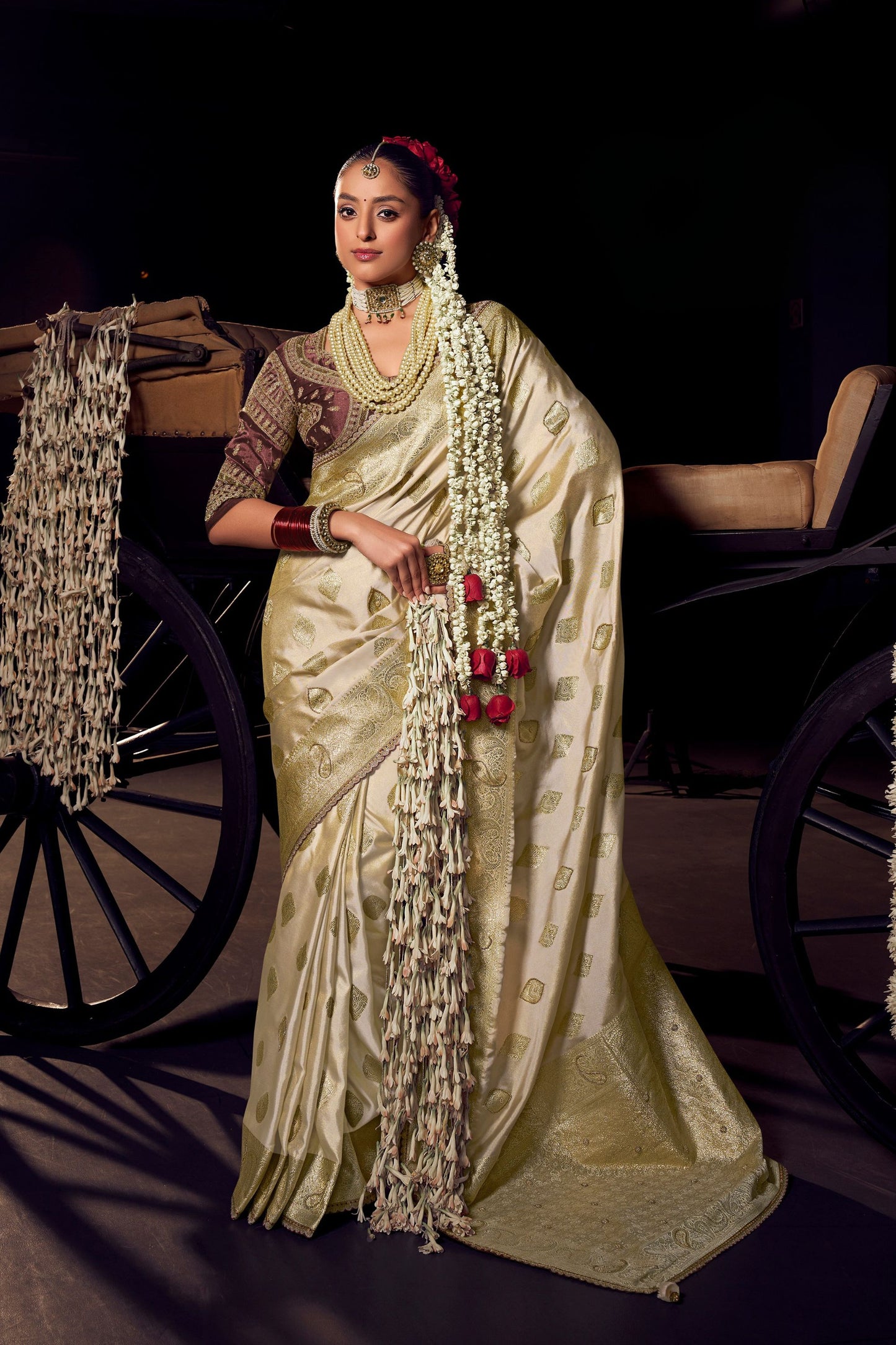 Elegant Cream Pure Viscose Embroidered Work Designer Saree for Women