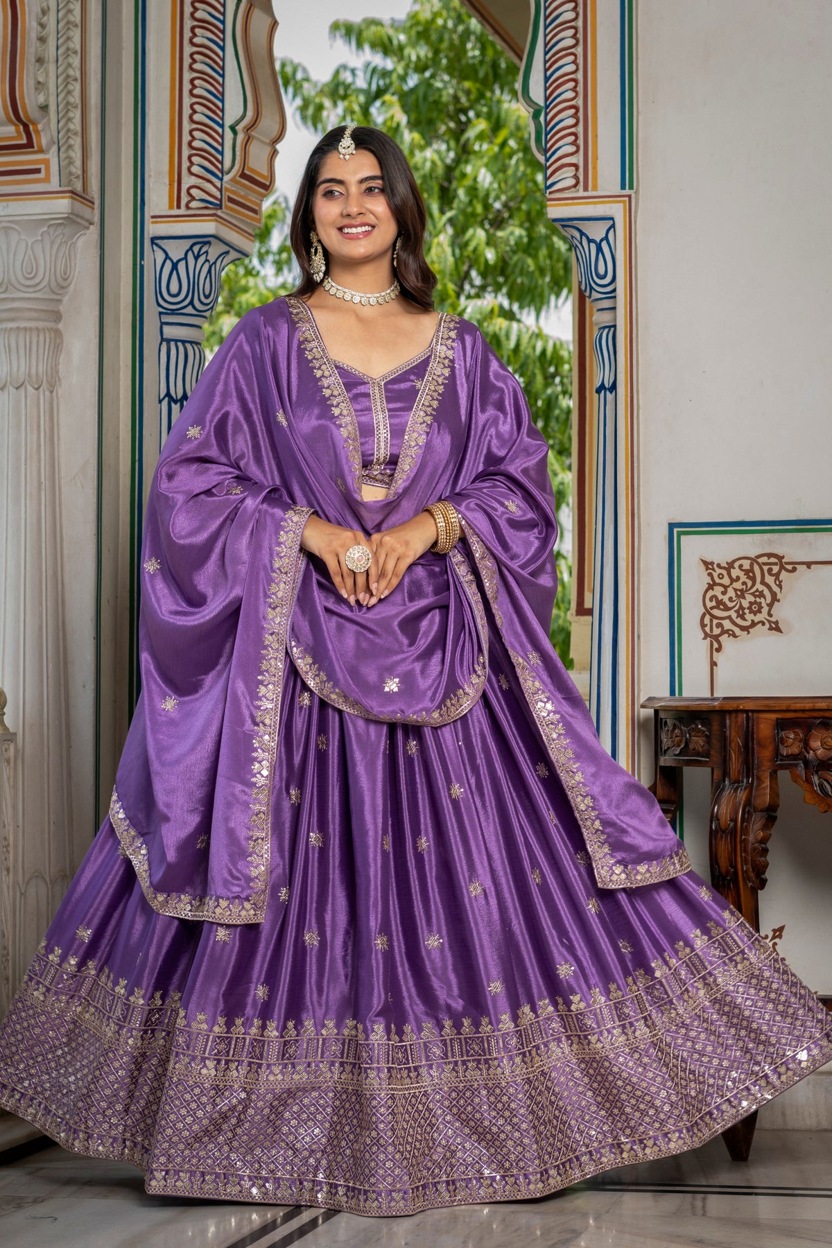 Elegant Purple Chinon Silk Embroidered Designer Lehenga Choli with Dupatta for Women