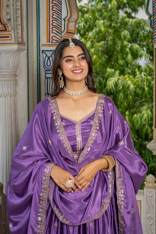 Elegant Purple Chinon Silk Embroidered Designer Lehenga Choli with Dupatta for Women