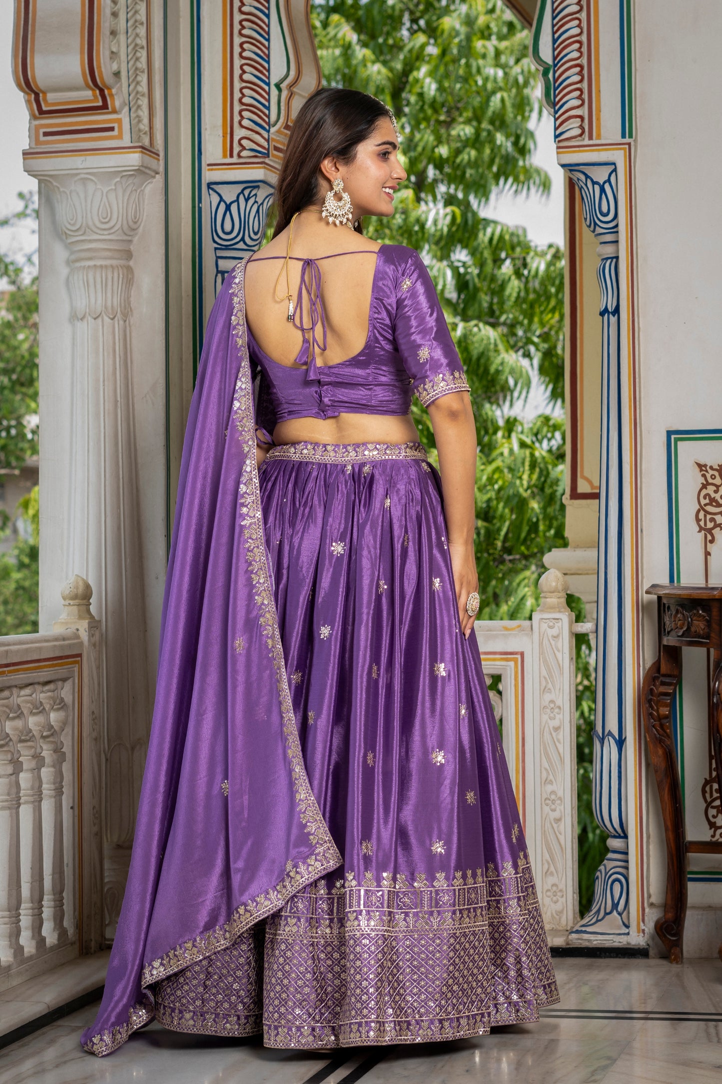Elegant Purple Chinon Silk Embroidered Designer Lehenga Choli with Dupatta for Women