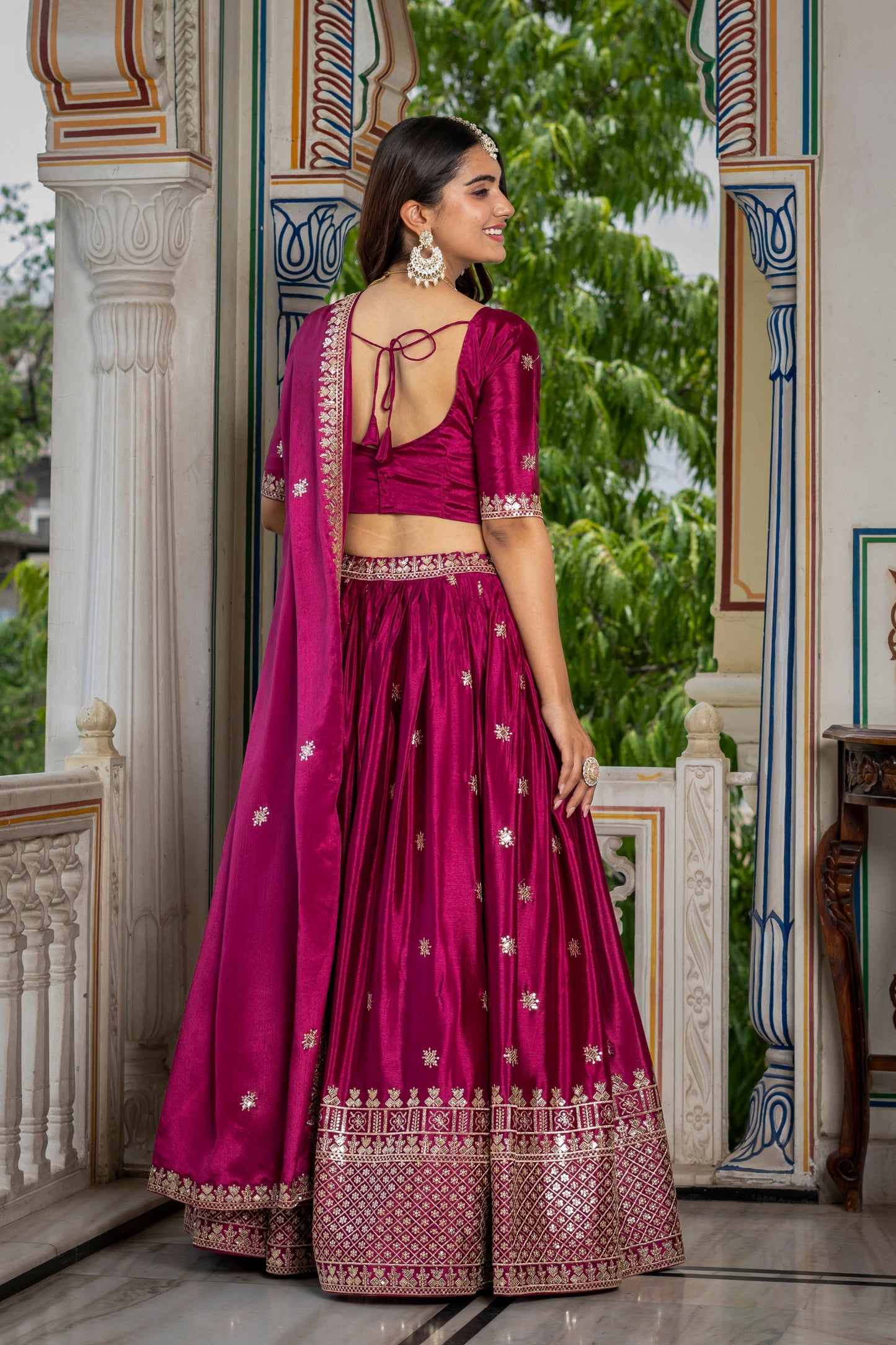Stunning Magenta Chinon Silk Embroidered Designer Lehenga Choli with Dupatta for Women