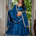 Perfect Teal Blue Chinon Silk Embroidered Designer Lehenga Choli with Dupatta for Women