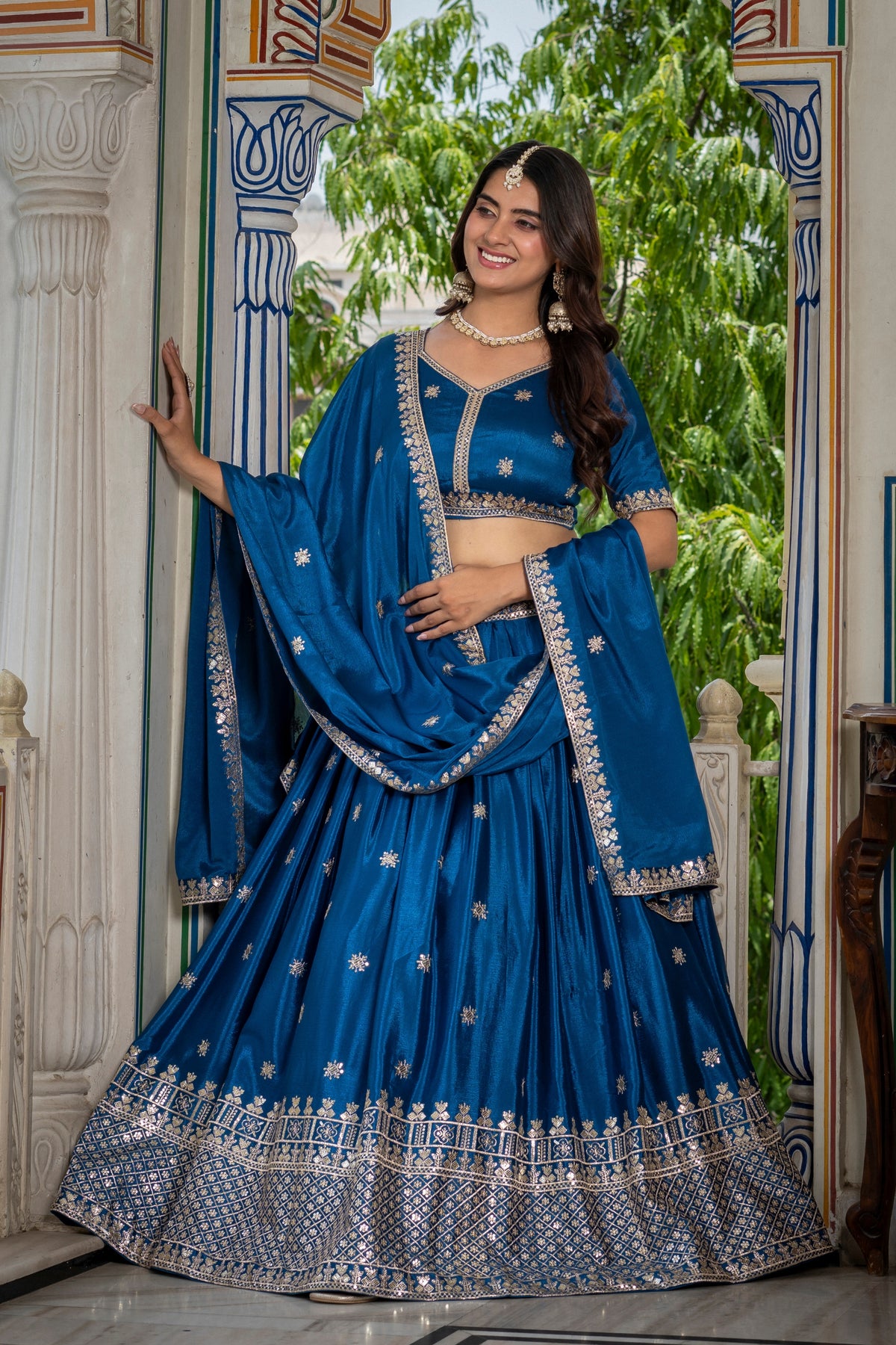 Perfect Teal Blue Chinon Silk Embroidered Designer Lehenga Choli with Dupatta for Women