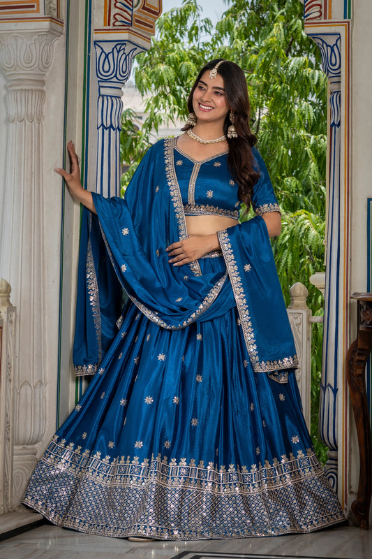Perfect Teal Blue Chinon Silk Embroidered Designer Lehenga Choli with Dupatta for Women