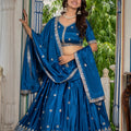 Perfect Teal Blue Chinon Silk Embroidered Designer Lehenga Choli with Dupatta for Women